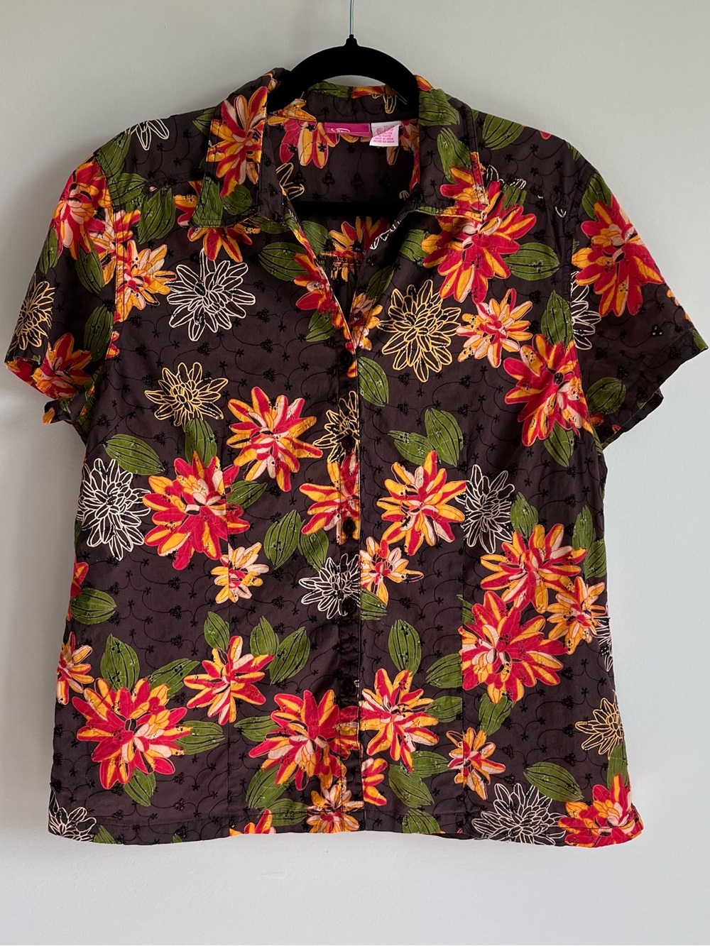 100% Cotton Eyelet Button Down Polo with Oriental Floral Print by Pappagallo